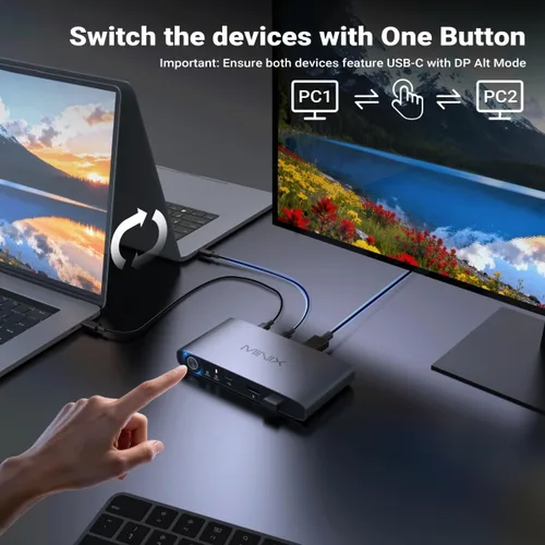 Vista 3 de MINIX KVM KVM USB C K1 1 Monitores 2 Computadoras, 4K @120Hz HDR, 100W PD 3.0, Conmutadores KVM de entrada dual USB-C, teclado y mouse compartidos
