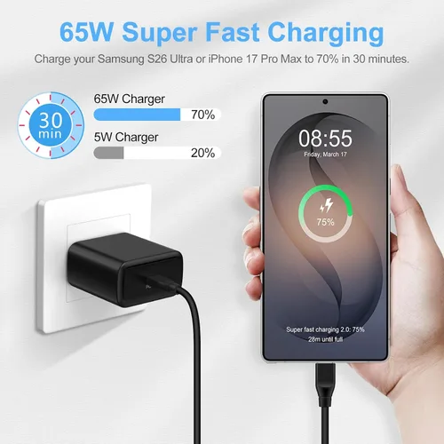Vista 3 de 65W Super Samsung S26 Fast Charger Android Phone Block & 6ft Type C Cable USB C Charger Fast Charging for Samsung Galaxy S26 Ultra S26 Plus S25