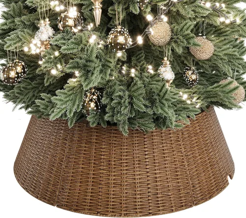 Vista 15 de Collar de mimbre para árbol de Navidad, cubierta de base de árbol PP marrón plano