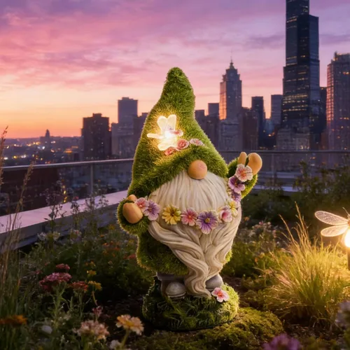 Vista 2 de DiliComing Decoración de gnomos flocados de jardín para patio, estatua de gnomo de musgo verde artificial con luz solar, escultura enana para patio