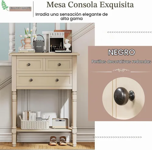 Vista 6 de P PURLOVE Mesa consola estrecha antigua, mesa de entrada delgada para sofá con 3 cajones de almacenamiento para sala de estar, entrada Beige