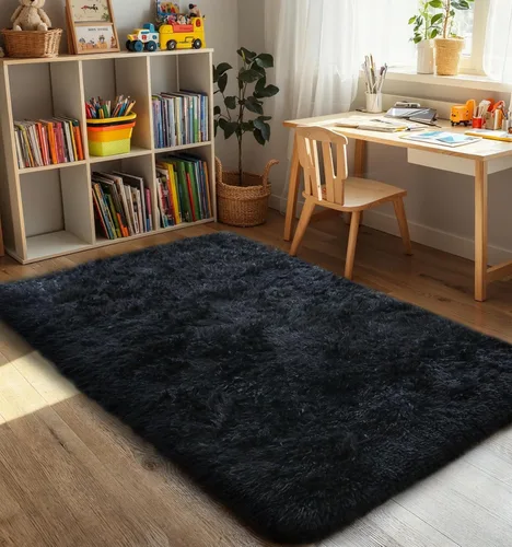 Vista 8 de KICHOWUA - Tapete grueso y esponjoso de 3 x 5 pies, color negro, ultrasuave, lavable, antideslizante, acogedor y peludo, para sala, dormitorio