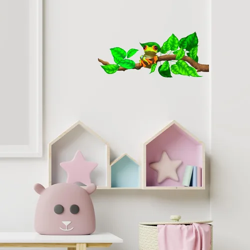 Vista 3 de Calcomanía de pared con diseño de rana de árbol de ojos rojos en rama, para guardería, animales, extraíble, despegar y pegar, impermeable