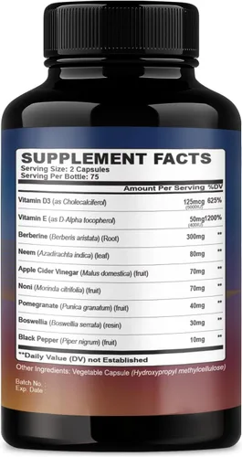 Vista 2 de Organic Cadane Suplemento de berberina 150 cápsulas, con hoja de neem, vinagre de sidra de manzana, VIT D3, E y más, extracto de berberina, apoyo