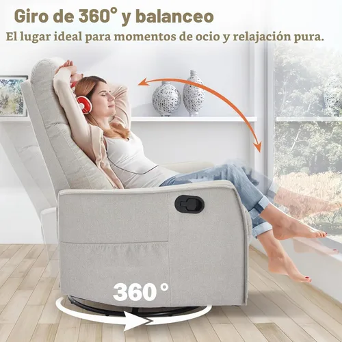 Vista 3 de cinkehome Silla Reclinable Giratoria Mecedora con Masaje Térmico, Sillas Reclinables Mecedoras para Guardería, Espacios Pequeños, Respaldo Alto