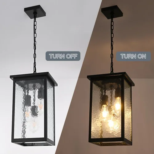 Vista 3 de TODOLUZ Lámpara colgante grande de 3 luces para exteriores, iluminación de porche colgante exterior con vidrio martillado, cadena larga ajustable