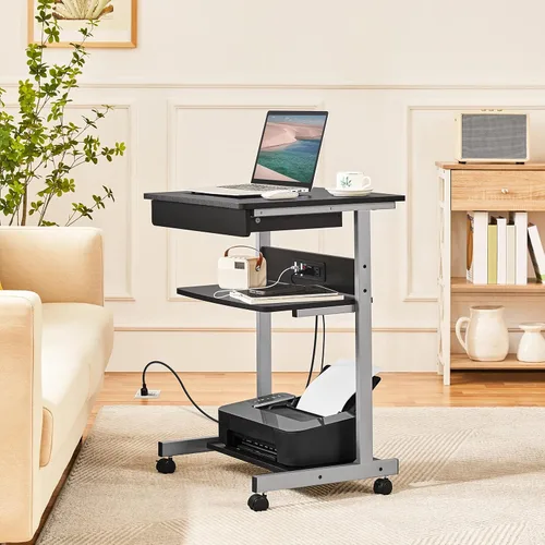 Vista 4 de Yaheetech - Escritorio pequeño para computadora con toma de corriente, carrito para laptop, color negro A Small Rolling Desk with a Power Outlet
