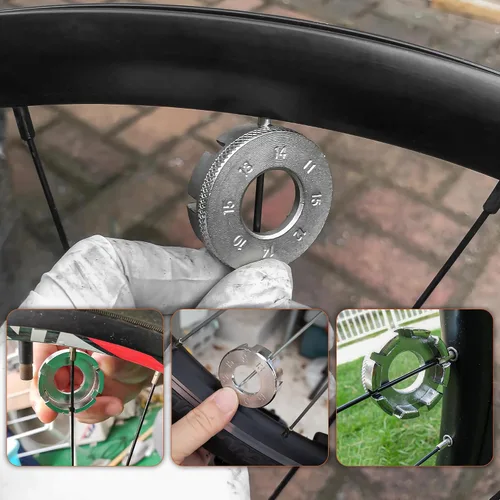 Vista 6 de Llave de radios para bicicleta, herramienta de bicicleta para ajuste de llantas, kit de mantenimiento ideal con palanca de neumáticos, reparación