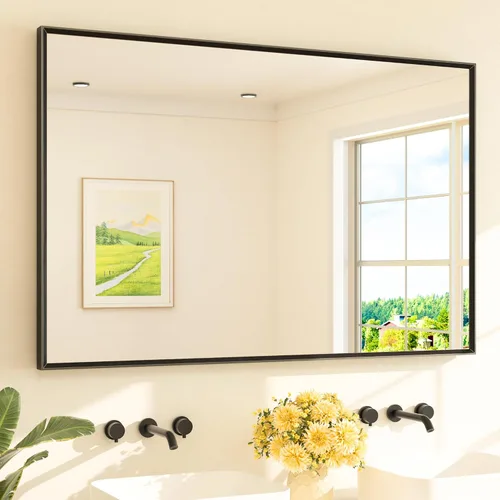 Vista 43 de TETOTE Espejo de baño dorado cepillado de 20" x 30", espejo de tocador de baño rectangular de latón dorado cepillado con marco biselado para sobre