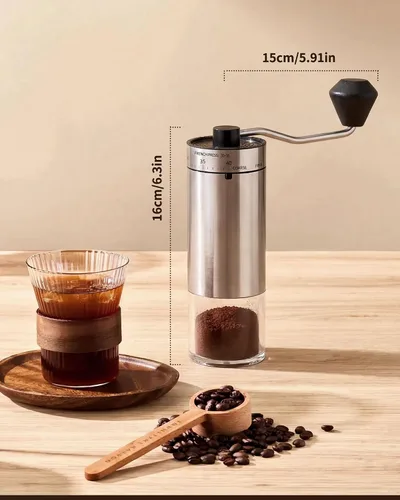 Vista 4 de Molinillo de café manual con 40 ajustes de molienda ajustables con rebabas cónicas de cerámica, molinillo de mano con manivela de mango, molinillo