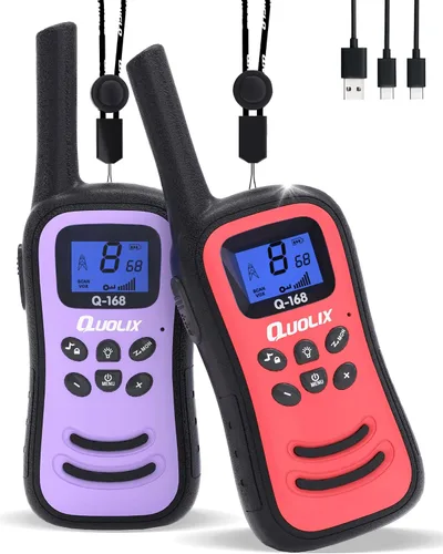 Vista 13 de QUOLIX Walkie Talkies para niños, paquete de 2 unidades, juguetes recargables para niños de 3 a 12 años, Walkie Talkie de largo alcance con 22