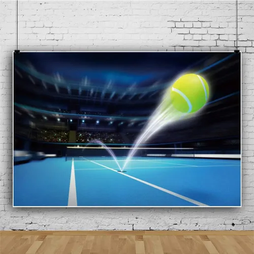 Vista 3 de Leyiyi Fondo de fotografía para cancha de tenis de 5 x 3 pies, luces de estadio, pelota de tenis voladora, fondo de juego, accesorios de estudio