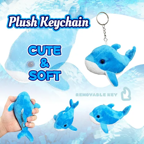 Vista 4 de Peluche de delfín azul (paquete de 1), peluches Kawaii para niñas y niños, juguetes de peluche de delfín para niños, llaveros de animales marinos