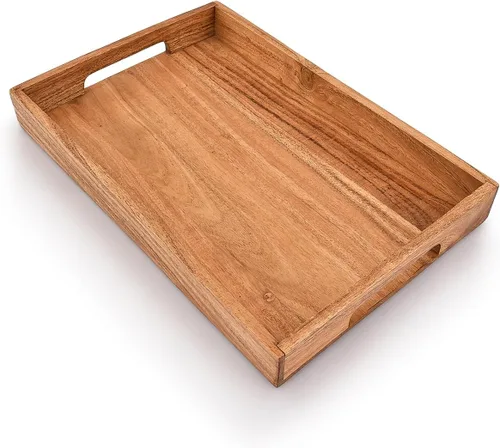 Vista 3 de Bandeja de madera de acacia con asas, bandeja de madera, bandeja de aperitivos, bandeja de desayuno, ideal para desayuno, mesas de café, hogares