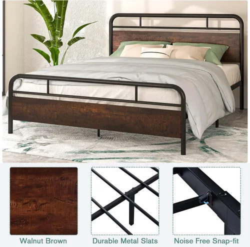 Vista 6 de IMUsee Base de cama matrimonial con cabecera de madera industrial, almacenamiento debajo de la cama de 12 pulgadas, base de colchón, no necesita