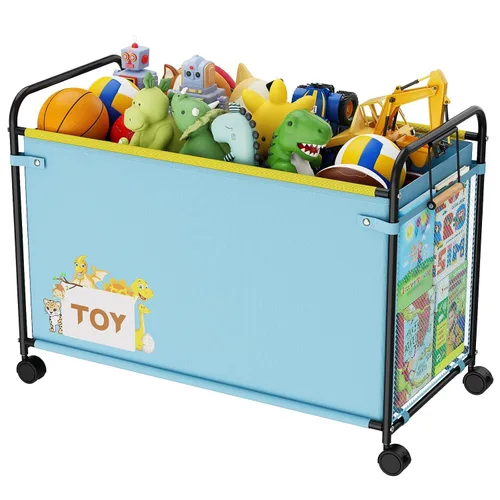 Vista 8 de Caja grande de juguetes para niños con ruedas, 120L Cajas de juguetes para niños extra grandes de metal y tela Oxford, cofre de juguetes organizador