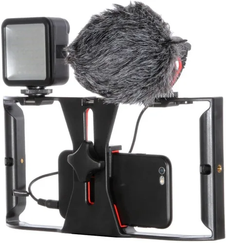 Vista 3 de FocusFoto Soporte de montaje para cámara de video para teléfono inteligente, mango estabilizador con micrófono BOYA by-MM1 con micrófono de escopeta