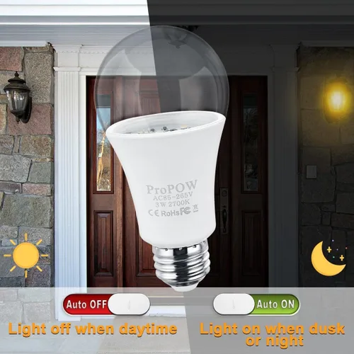 Vista 2 de Bombillas de anochecer a amanecer de 25 vatios, bombillas LED A19 de 3 vatios con cubierta transparente E26, iluminación automática