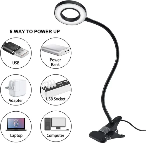 Vista 10 de Luces de lectura con clip de 48 LED, lámpara de escritorio con 3 modos de color y 10 brillo regulable, 360° flexible de cuello de cisne