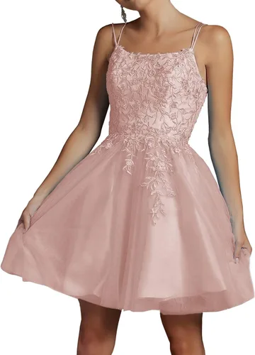 Vista 5 de Modesto encaje con cuentas de tul vestidos de regreso a casa corto cuello cuadrado vestido de fiesta de tirantes delgados vestido de fiesta