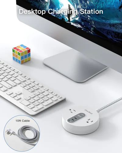 Vista 7 de Regleta protectora contra sobretensiones con 2 USB C, cable de extensión de enchufe ultra plano con 2 salidas de CA ampliamente y 3 USB, pequeña