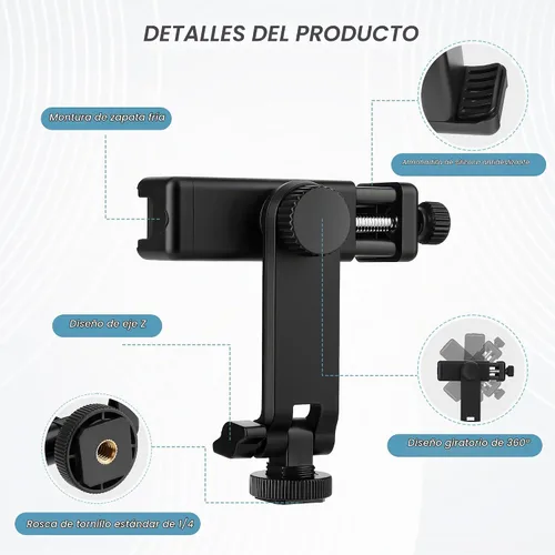 Vista 2 de Soporte universal de trípode para teléfono celular, soporte de zapata caliente para cámara con abrazadera de rotación de 360 grados, orificio