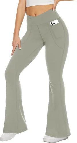 Vista 163 de TNNZEET Leggings acampanados negros para mujer, pantalones de yoga cruzados con bolsillos, corte de bota, leggings acampanados