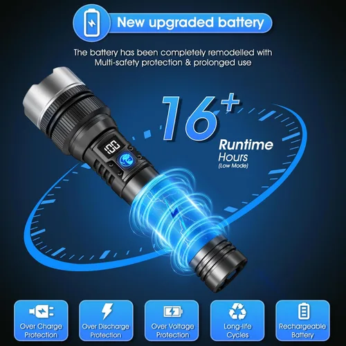 Vista 6 de Linterna con 10000 lúmenes, carga rápida tipo C y tiempo de funcionamiento de 16 horas, 3 modos, zoom telescópico, impermeable, linterna de mano