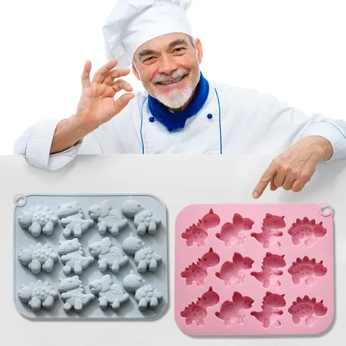 Vista 5 de Paquete de 2 moldes de silicona de dinosaurio con 12 cavidades 3D con temática de dinosaurios para hornear, herramienta de horneado para pastel