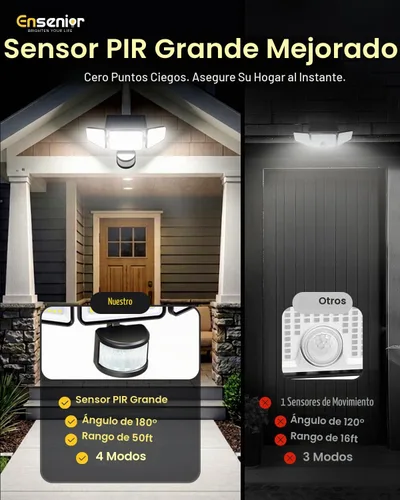 Vista 2 de Ensenior - Luces solares de movimiento para exteriores, 228 luces LED de seguridad solar con control remoto, IP65 impermeable, 3 cabezales de luz