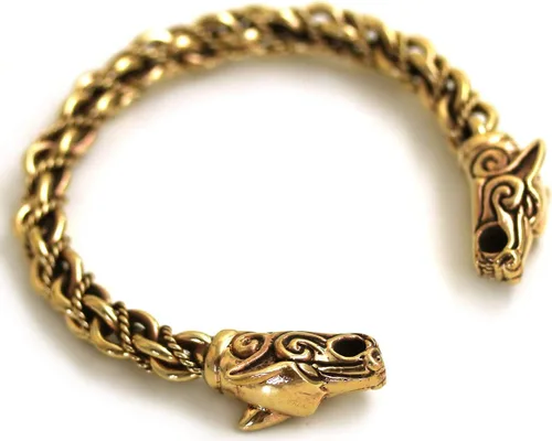 Vista 2 de Brazalete de bronce vikingo nórdico con cabeza de lobo trenzada, diseño de cabeza de lobo