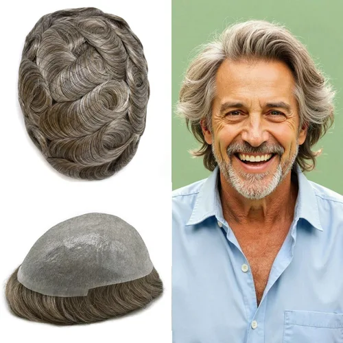 Vista 53 de Tupé de piel ultra fina para hombres pieza de cabello humano real sistema de reemplazo 0.002 in Mens Toupee Hairpiece para hombres V-Loop 8x10 80%