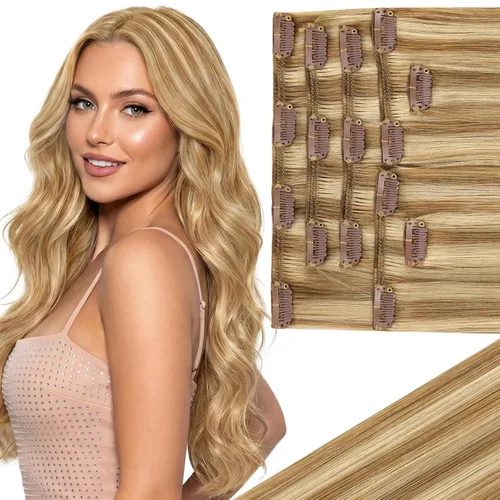 Vista 13 de Ve Sunny Extensiones de cabello clip-in de cabello humano real con reflejos, extensiones de cabello con clip para cabello corto, marrón oscuro