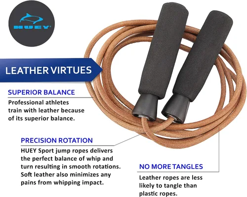 Vista 3 de HUEY Cuerda de saltar deportiva de cuero para entrenamiento de velocidad, silencioso, boxeo, artes marciales mixtas, cardio, crossfit, fitness