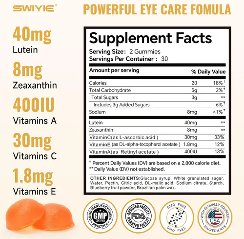 Vista 3 de Gomitas de Luteína – Suplemento de vitaminas y minerales para los ojos con 20 mg de luteína y 4 mg de zeaxantina – Gomitas vitamínicas para el apoyo