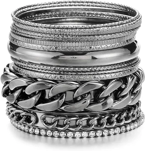 Vista 5 de Ensoul Juego de pulseras y brazaletes de metal con textura múltiple, 14 unids/set con diamantes de imitación transparentes
