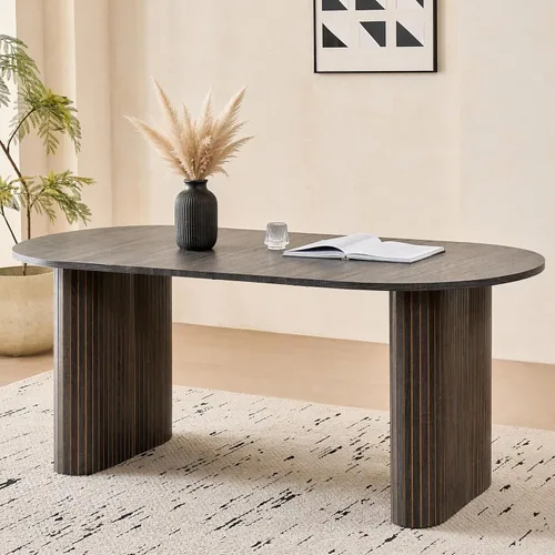 Vista 11 de Mesa de comedor ovalada de 70.8" para 4 a 6 personas, mesa moderna de cocina estilo granja para desayuno, comedor y recepción (solo mesa), natural