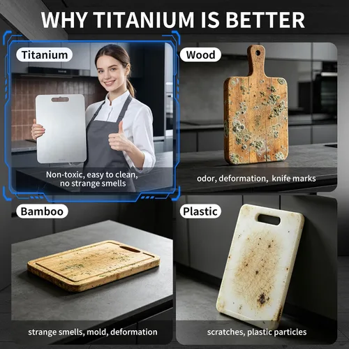 Vista 3 de Tabla de cortar de titanio para cocina, no tóxica de doble cara, paquete de 3 100% titanio puro, apto para lavavajillas, a prueba de óxido, tablas