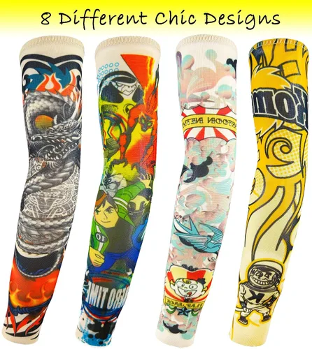 Vista 3 de Mangas de brazo de tatuaje falso a granel, 8 piezas de protección solar temporal para niños pequeños y grandes