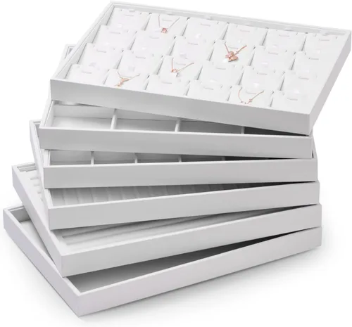 Vista 3 de Oirlv - Bandeja apilable de piel sintética color blanco de calidad prémium para joyas, 24 rejillas, organizador de cajones, bandejas para anillos