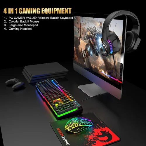 Vista 2 de Combo de teclado y mouse con cable para juegos, teclado con retroiluminación LED arcoíris, auriculares sobre la oreja con micrófono, mouse