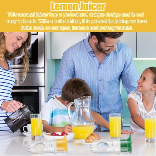 Vista 7 de Exprimidor de limón con tapa de rosca, mini exprimidor de limón de plástico con filtro integrado, práctico exprimidor de jugo con tapa para bebidas