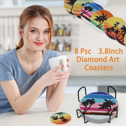 Vista 7 de UiSdfuy 8 posavasos de diamante con soporte, kits de arte de diamantes para adultos, niños y principiantes, suministros de manualidades de bricolaje