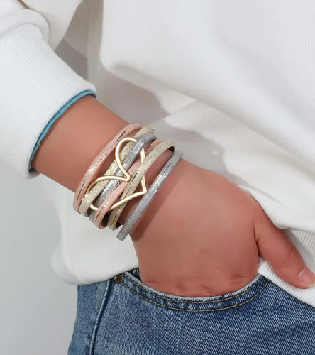 Vista 3 de hotoo Pulseras apilables de cuero con dije de corazón para mujer, pulsera de amor de moda, joyería de Navidad, aniversario de cumpleaños
