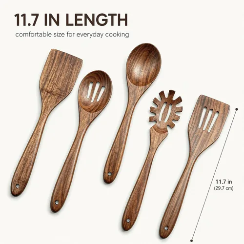 Vista 8 de KITEISCAT Cucharas de madera de acacia para cocinar: juego de utensilios de cocina y cocina de 5 piezas - espátula de madera, cuchara ranurada