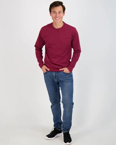 Vista 4 de Real Essentials Paquete de 3 Camiseta deportiva de algodón de manga larga con cuello redondo y bolsillo para hombre