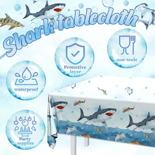 Vista 5 de CMUSKO Mantel de tiburón, 3 piezas de suministros de fiesta de cumpleaños de tiburón, cubierta de mesa de plástico desechable, mantel de decoración