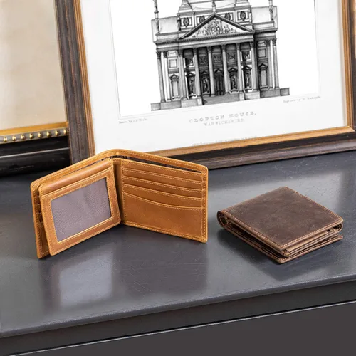Vista 5 de Polare - Cartera plegable de piel de vaca con bloqueo RFID para hombres con 2 ventanas de identificación