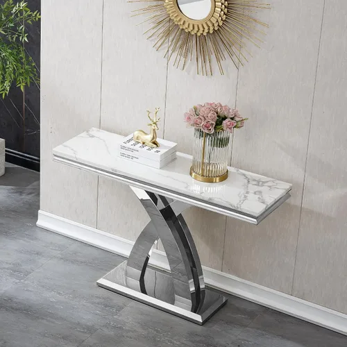 Vista 47 de SSLine Mesa de Centro Rectangular de Mármol Sintético para Sala de Estar, Mesa Central Moderna de Mármol Blanco de Lujo con Base Doble en Forma de U