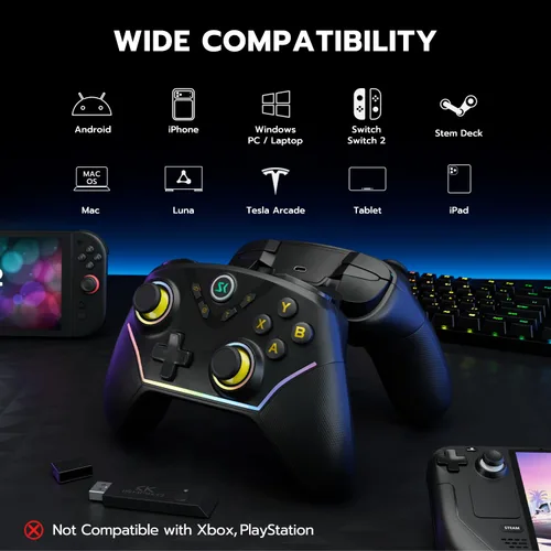 Vista 2 de ISHAKO Wireless PC Controller, Hall Effect Gaming Controller for PCLaptopSwitchiPhoneAndroid,with RGB Lighting, Turbo, Back Buttons, Hall
